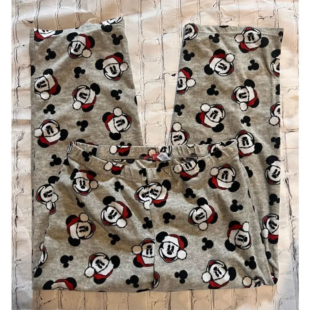 Disney Size L Santa Mickey Mouse Pajama Lounge Pants Gray Fleece Comfy Cozy